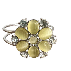 Silver and green rhinestone studded floral spring hinged cuff bracelet